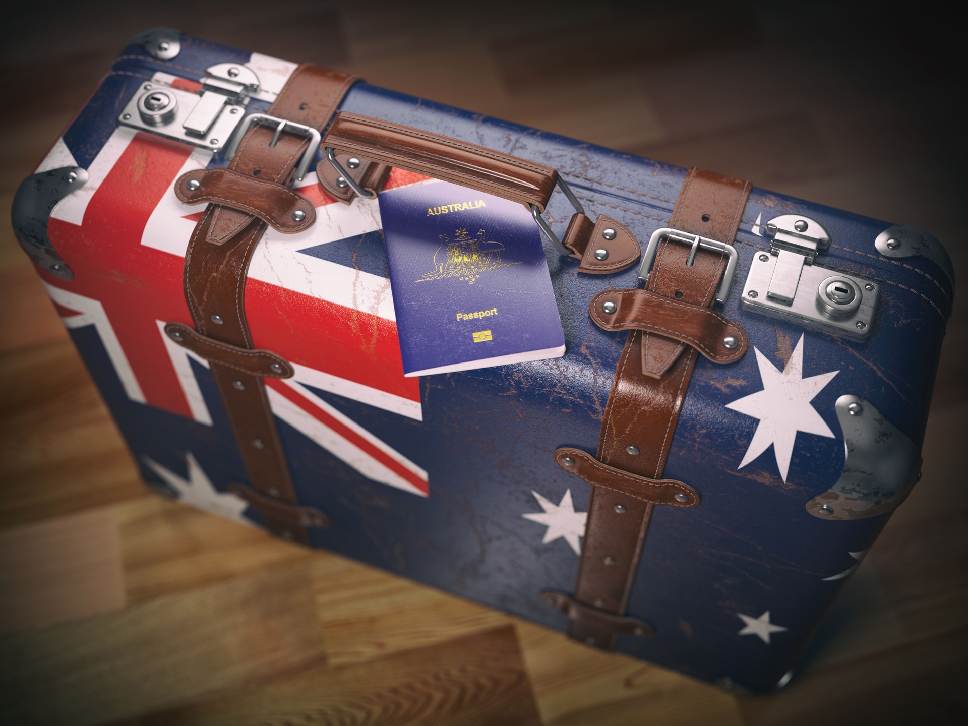 Passport of Australia and suitcase with flag of Australia.